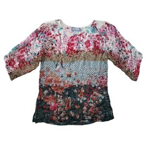 Simply Silk Sheer Burnout Floral Multicolor 3/4 Sleeve Blouse 70% Silk 30% Rayon